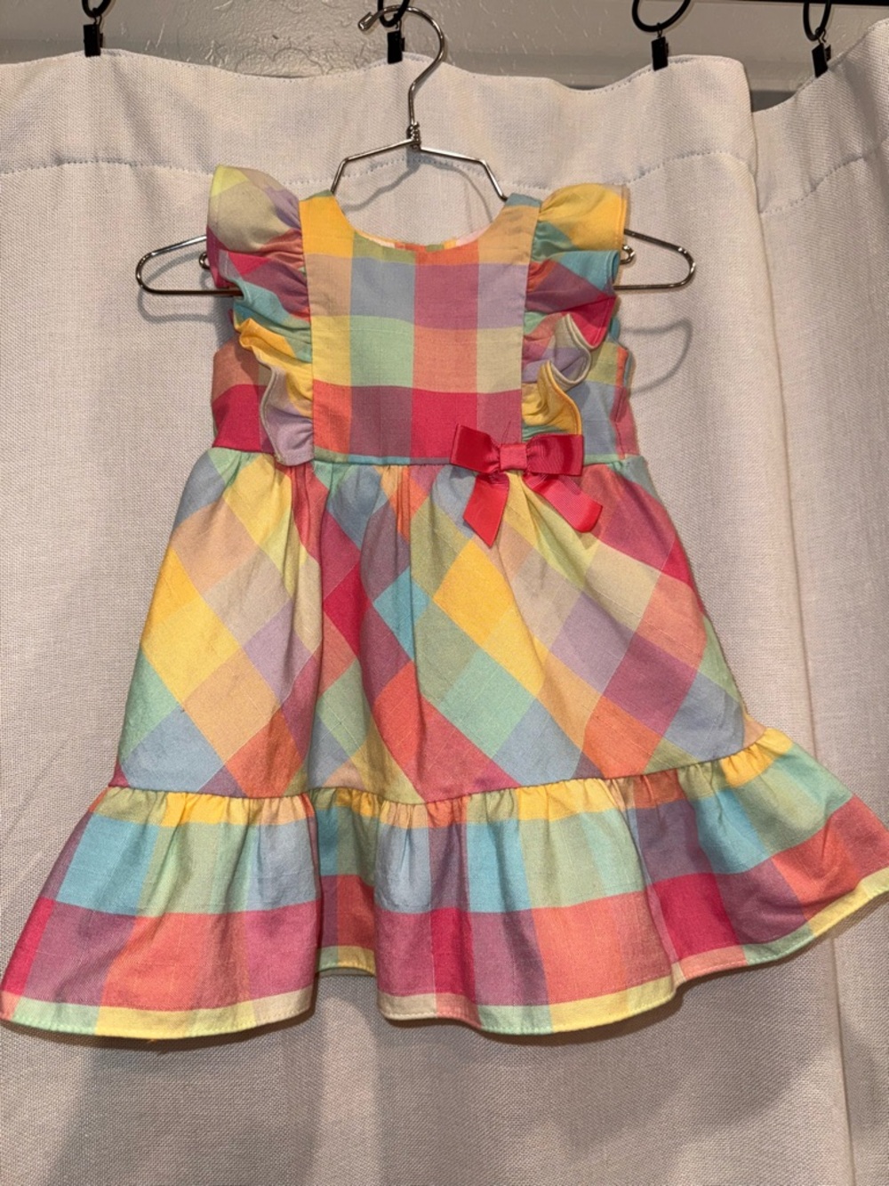 Bonnie Baby Pastel Plaid Dress with Pink Bow